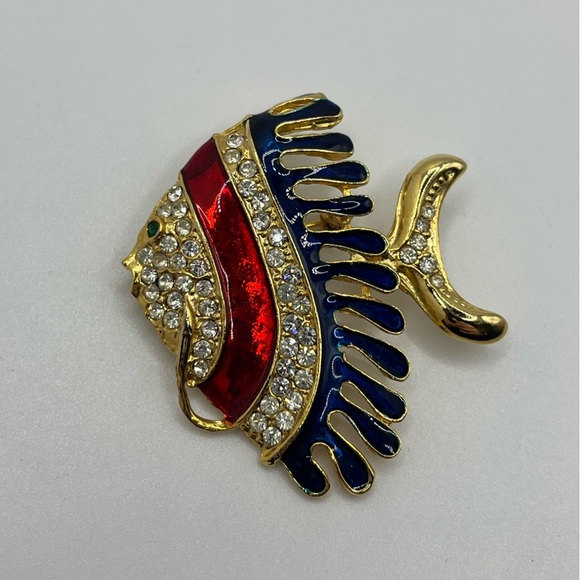 Vintage Jewelry - VTG GIOVANNI Red & Blue Enamelled Gold and Rhinestone Angel Fish Brooch